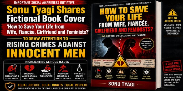 निर्दोष पुरुषों के खिलाफ बढ़ते अपराधों की ओर ध्यान आकर्षित करने के लिए सोनू त्यागी ने काल्पनिक पुस्तक का कवर ‘पत्नी, मंगेतर, गर्लफ्रेंड और फेमिनिस्ट्स से जान कैसे बचाएँ?’ जारी किया